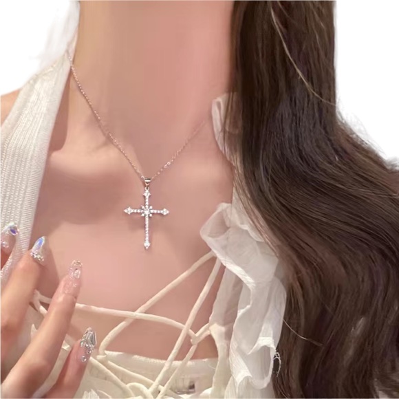 Silver Trendy Cross Pendant Necklace with Rhinestones - Picture 5 of 6